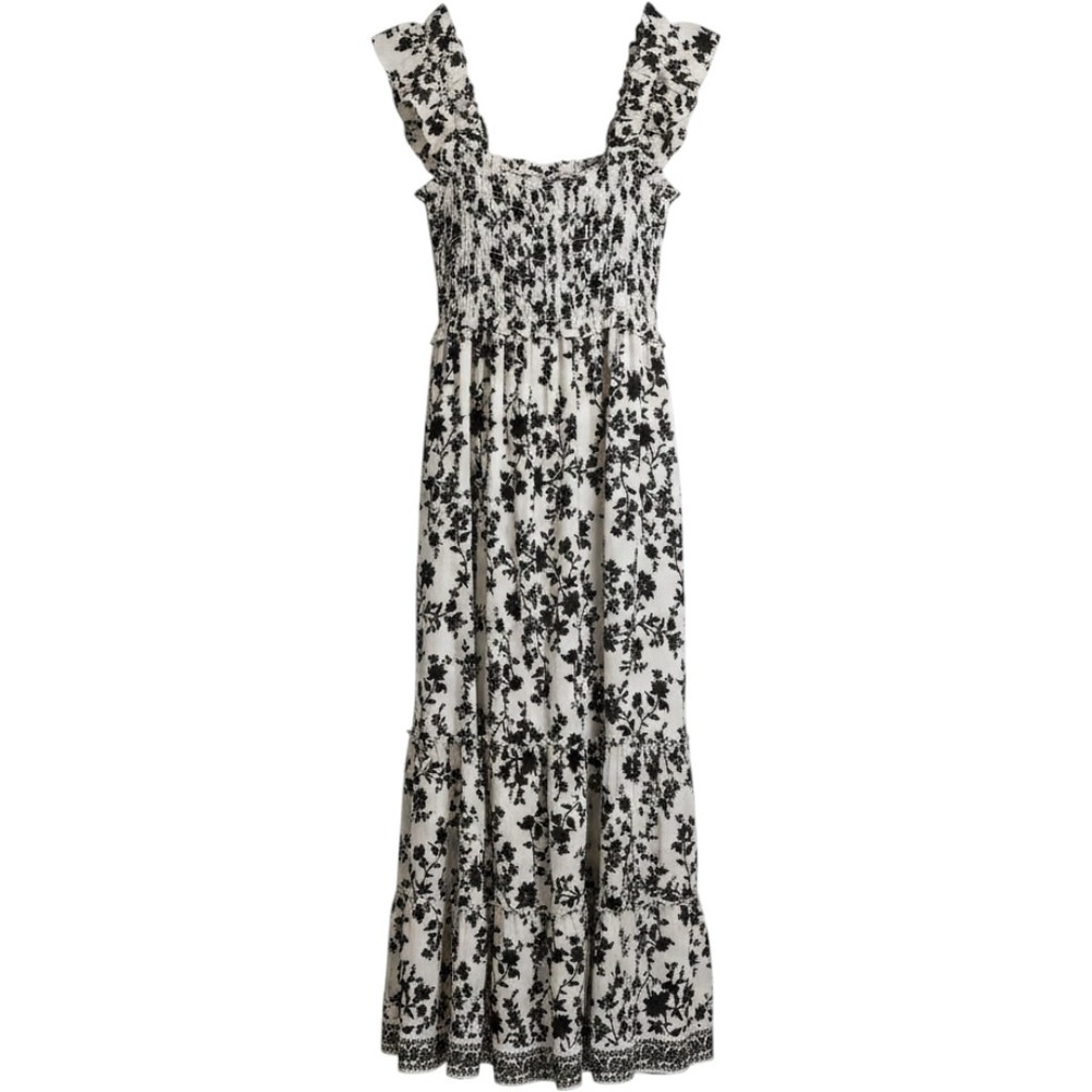 Max Studio London Black White Floral Smocked Tiered Maxi Dress 4910Y58